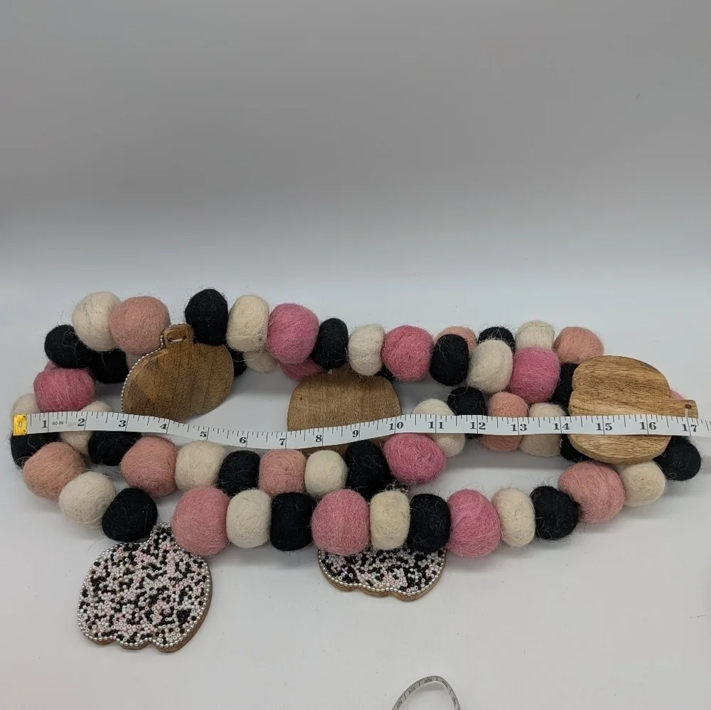 Pink Cream Black Wool Pom Pom & Beaded Wood Pumpkin Fall Garland